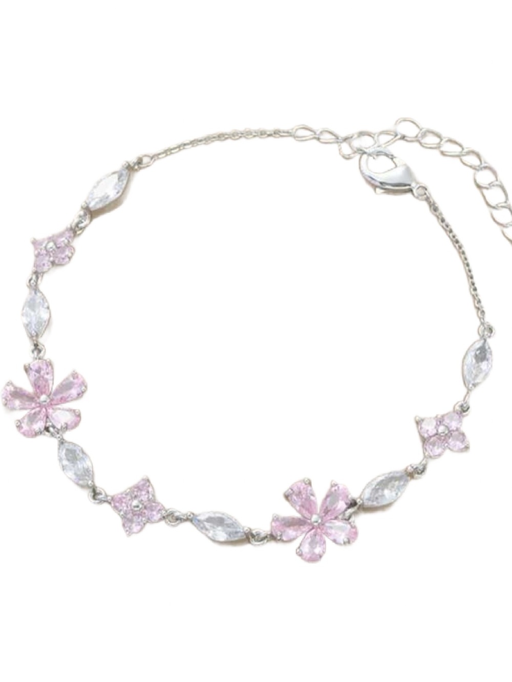 Silver-Tone Pink Flower Crystal Bracelet - Women Jewelry